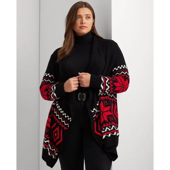 LAUREN Ralph Lauren NWT Black Red & White Christmas Shaw Collar Sweater Large - Picture 1 of 7